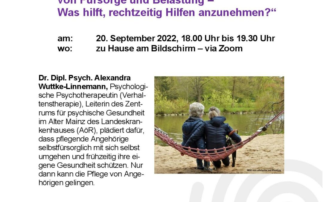 Online-Vortrag am 20. September: Pflegende Angehörige im Spannungsfeld von Fürsorge und Belastung